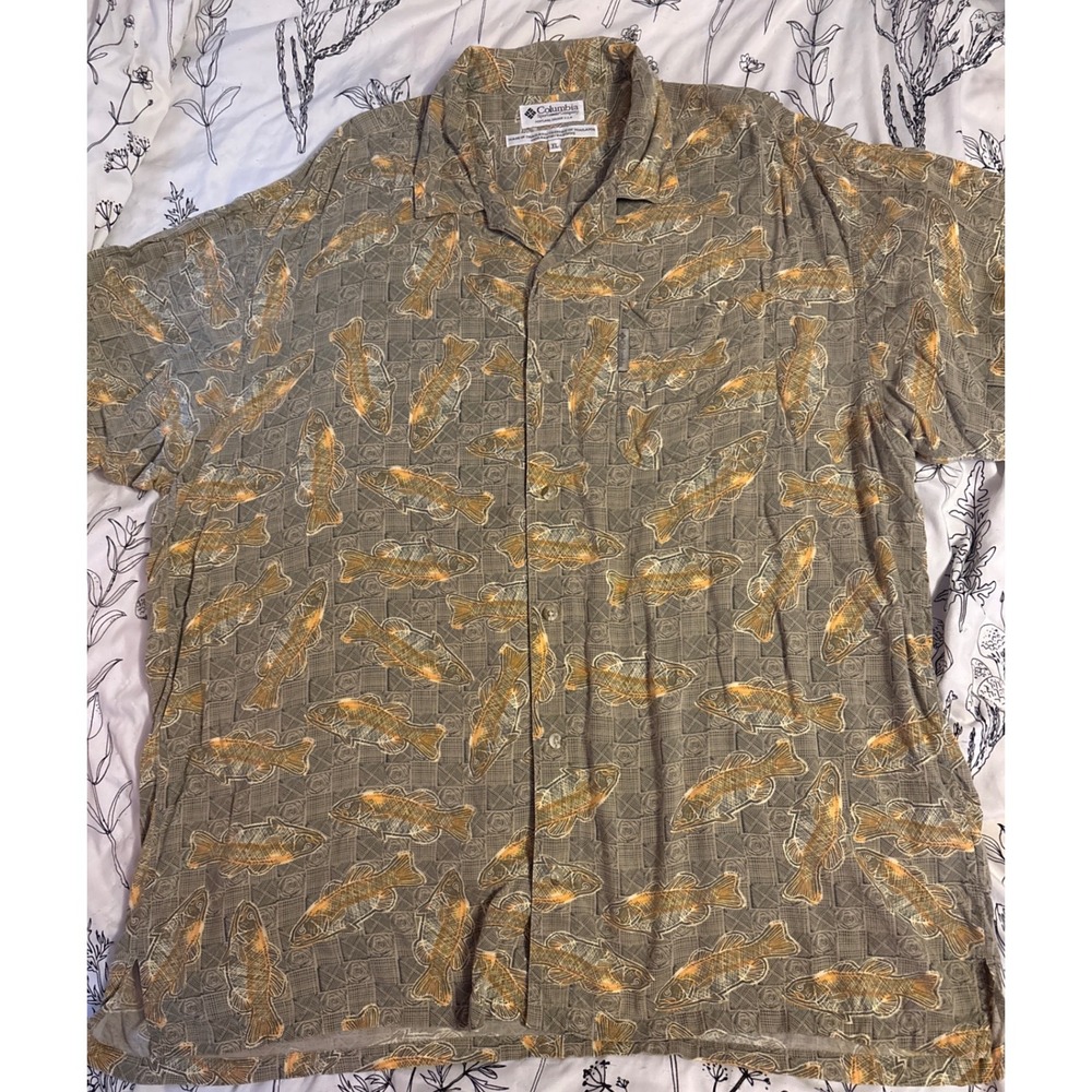 Columbia Vintage 90s Abstract‎ Fish Print Dad Button Up Dress Shirt, Size XL